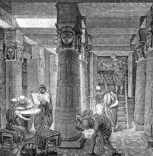 アレクサンドリア図書館の描写（19世紀独画家O・フォン・コルヴェン, PD）